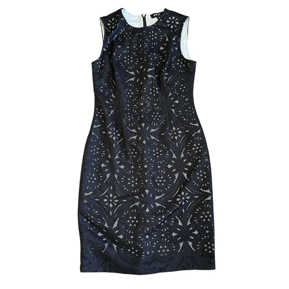 DKNY Women's Dress Black Size 2 Sheath Circle Lace Sleeveless Knit